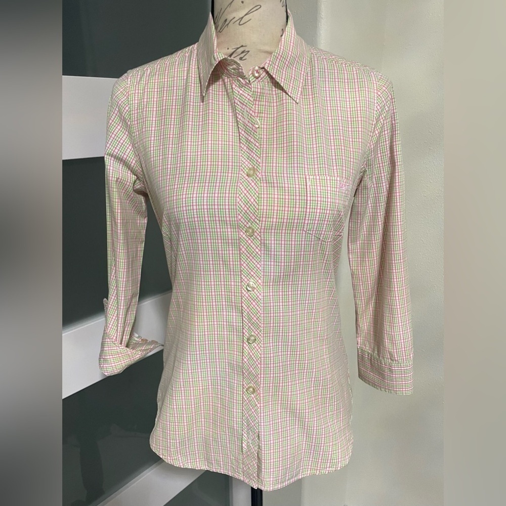 Vineyard Vines checkered White pink and green 3/4 Sleeve Button Down Shirt